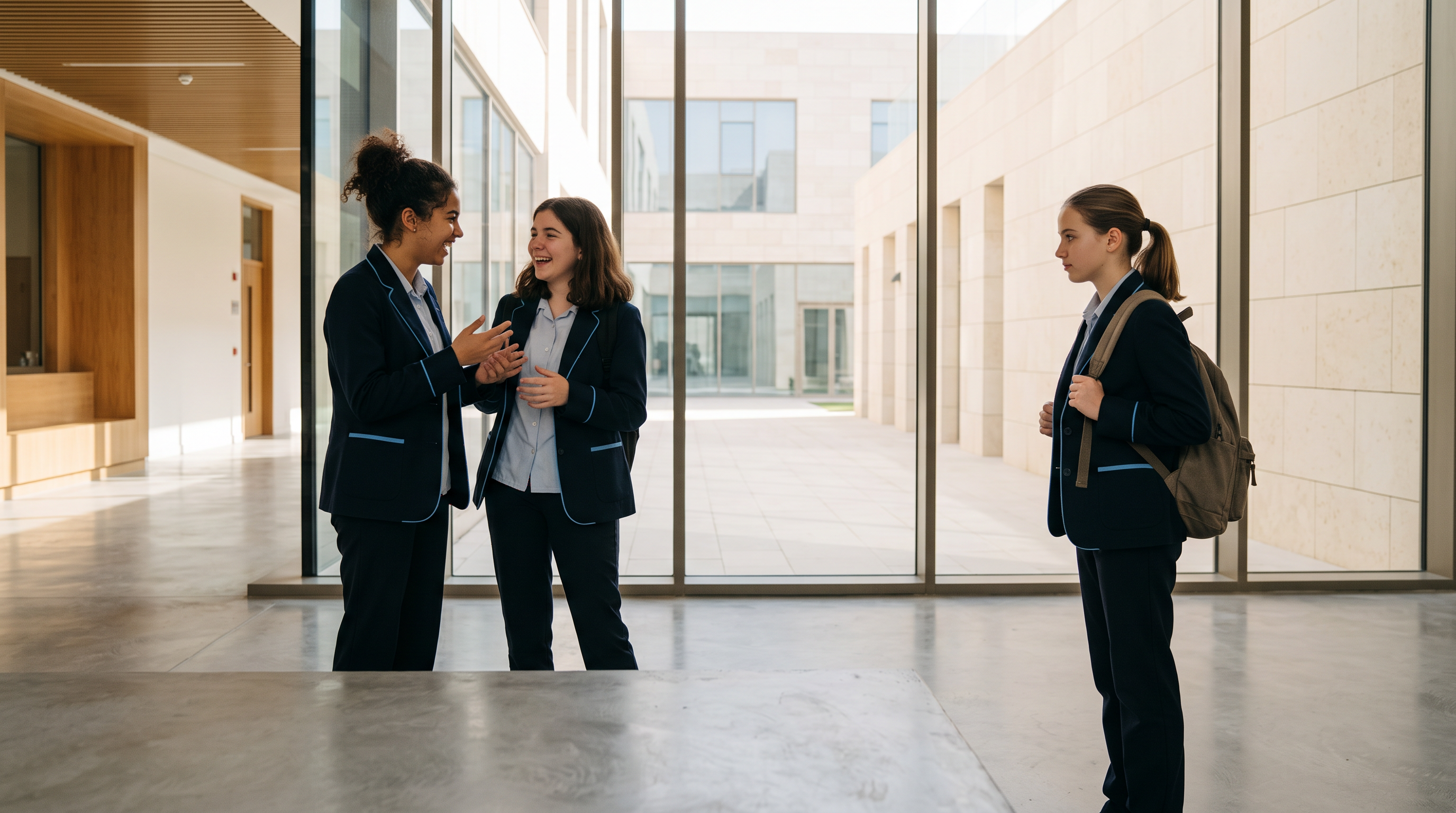Two students laugh and talk in a school corridor while a third stands apart, observing them. An everyday moment that invites reflection on empathy, awareness and the choices we make.