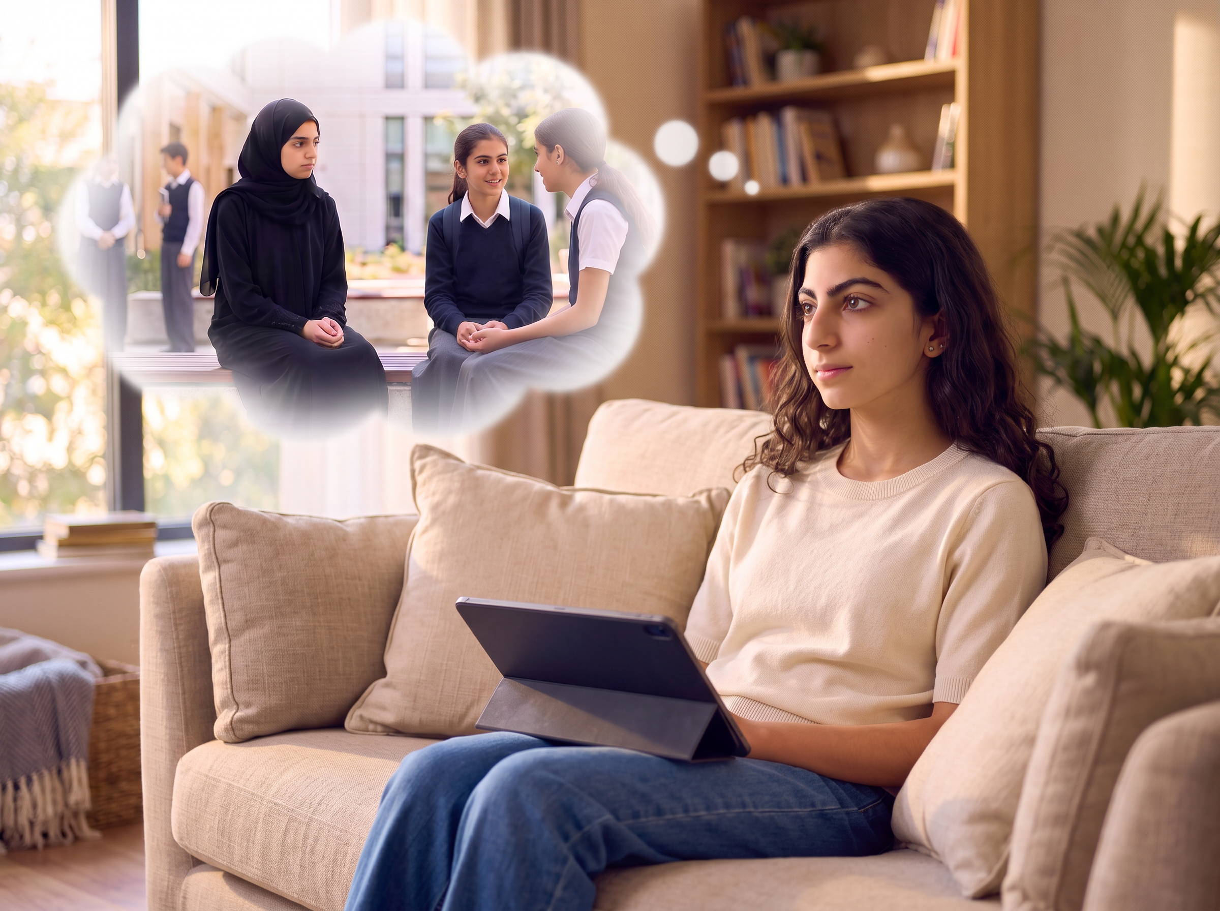 A student sits thoughtfully on a sofa with a tablet, reflecting on a school interaction with three classmates. The image illustrates how reflection helps students understand their feelings, reconsider their choices and learn from everyday experiences.