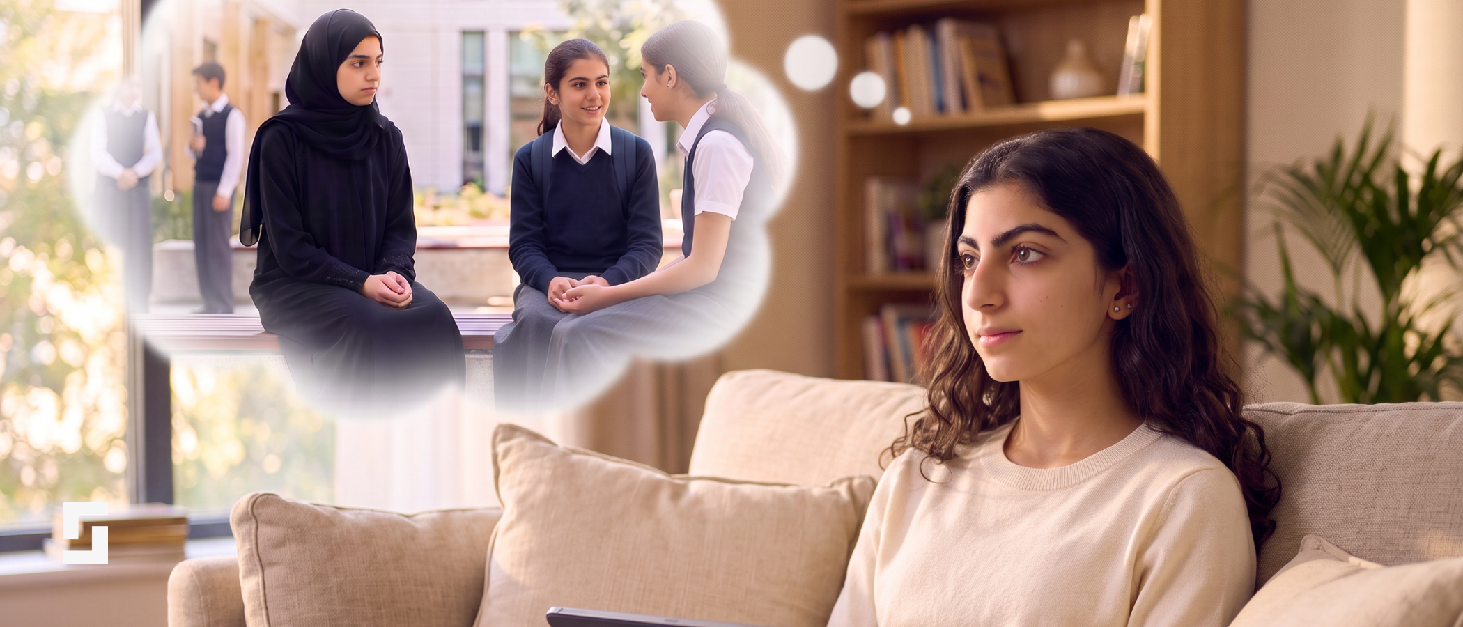A student sits thoughtfully on a sofa with a tablet, reflecting on a school interaction with three classmates. The image illustrates how reflection helps students understand their feelings, reconsider their choices and learn from everyday experiences.
