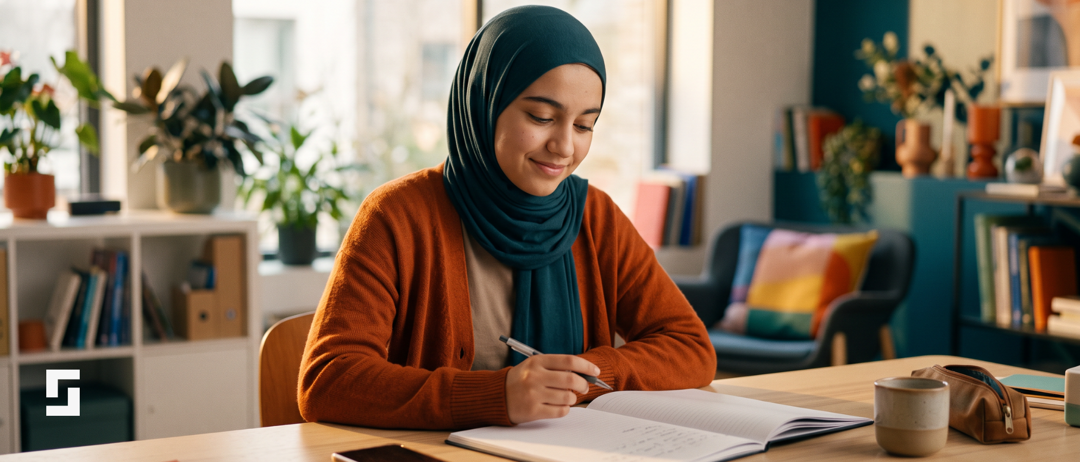 A girl wearing a teal headscarf and an orange cardigan smiles as she writes in a notebook at a sunny desk, her phone lying face down beside her.