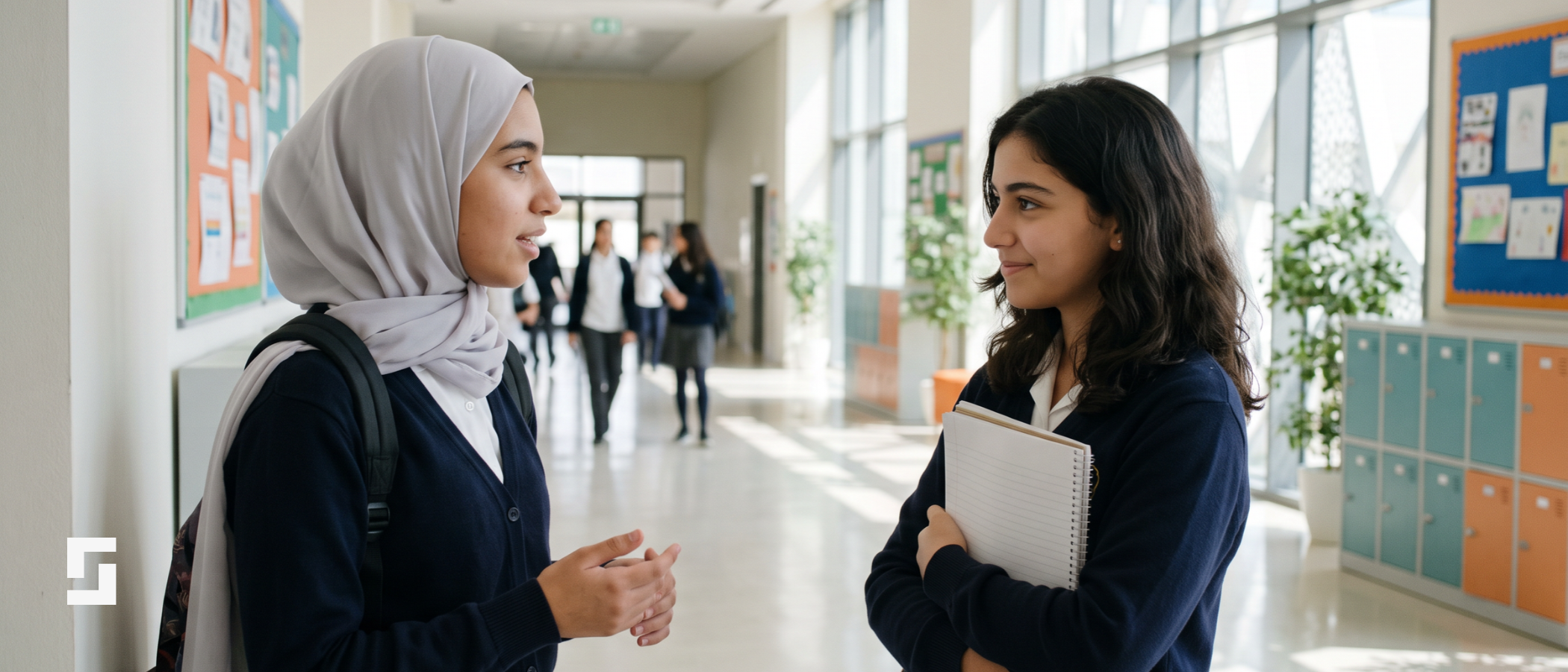 Two secondary school girls in navy uniforms talk in a bright, modern school corridor. One, wearing a light grey headscarf, is speaking while her friend listens closely, holding a notebook.