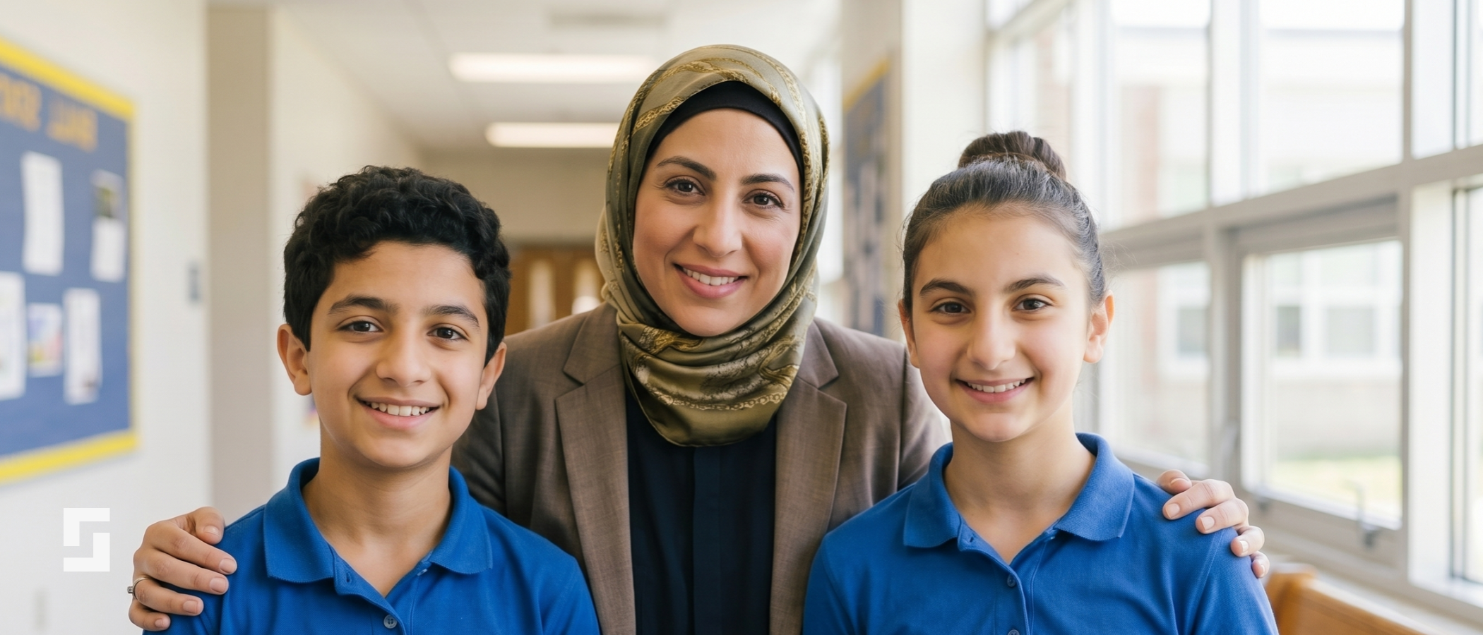 A smiling teacher stands in a bright school corridor with her arms around two students in blue school uniforms.